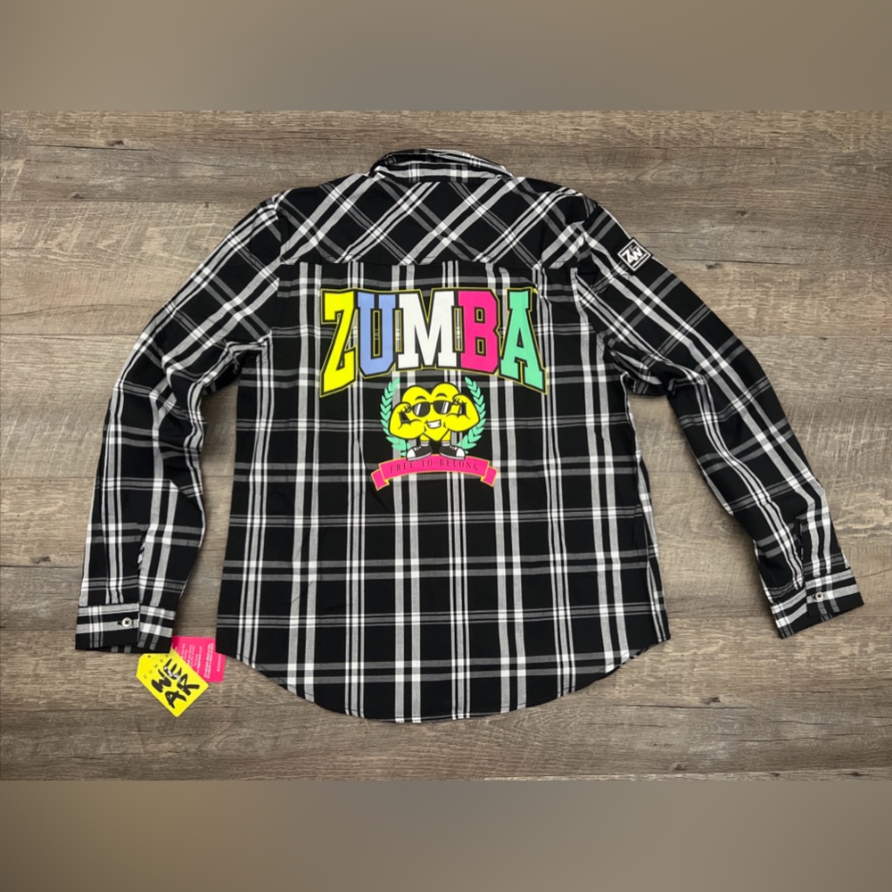 Zumba Varsity Button Down Shirt Unisex - Bold Black Plaid - NEW